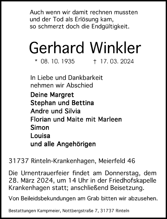 Traueranzeige von Gerhard Winkler von Schaumburger Nachrichten und Schaumburger Zeitung/ Landes-Zeitung