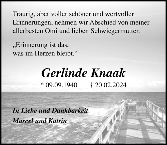 Traueranzeige von Gerlinde Knaak von Ostsee-Zeitung GmbH