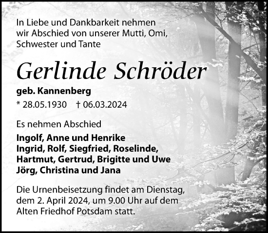 Traueranzeige von Gerlinde Schröder von Märkischen Allgemeine Zeitung
