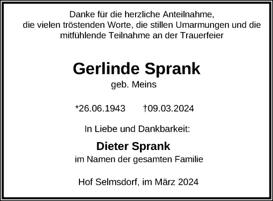 Traueranzeige von Gerlinde Sprank von Lübecker Nachrichten