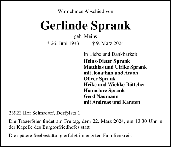 Traueranzeige von Gerlinde Sprank von Lübecker Nachrichten