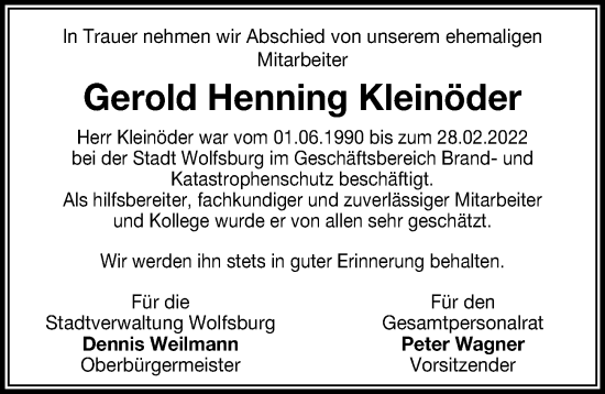 Traueranzeige von Gerold Henning Kleinöder von Aller Zeitung