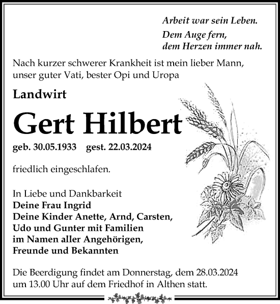 Traueranzeige von Gert Hilbert von Leipziger Volkszeitung