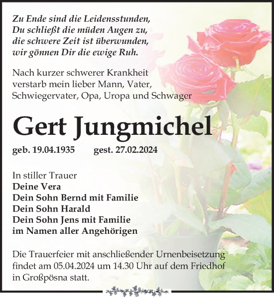 Traueranzeige von Gert Jungmichel von Leipziger Volkszeitung