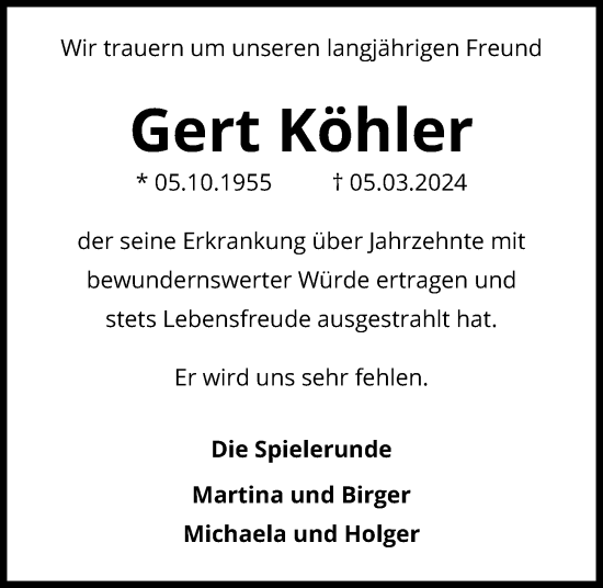 Traueranzeige von Gert Köhler von Kieler Nachrichten