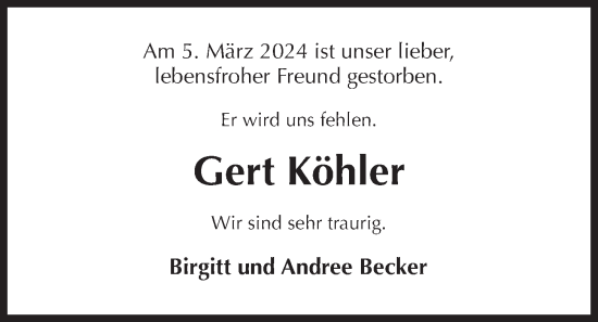 Traueranzeige von Gert Köhler von Kieler Nachrichten