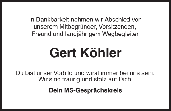 Traueranzeige von Gert Köhler von Kieler Nachrichten