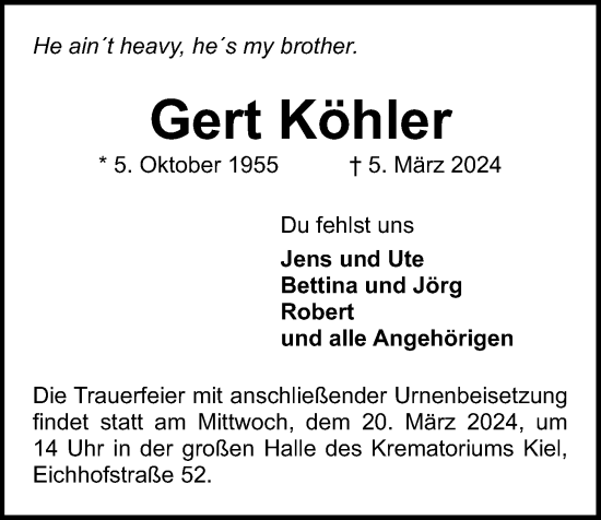 Traueranzeige von Gert Köhler von Kieler Nachrichten