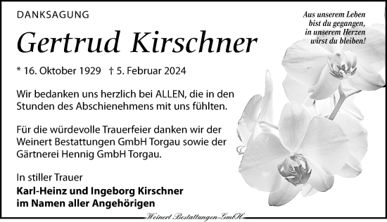 Traueranzeige von Gertrud Kirschner von Torgauer Zeitung