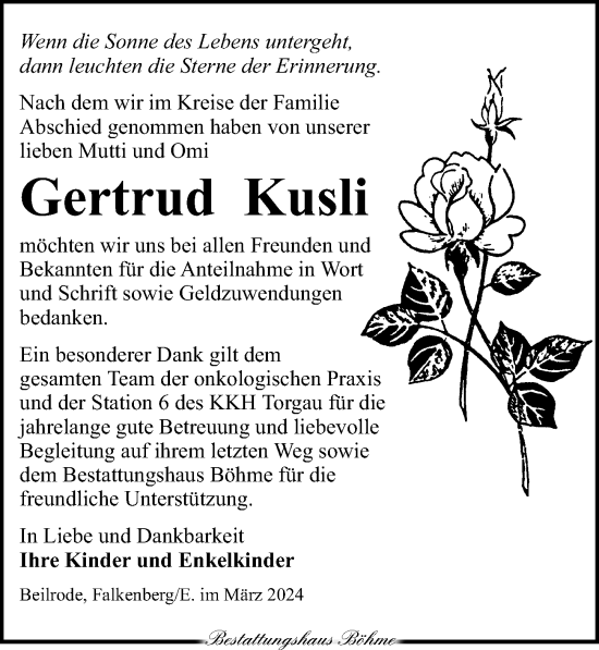 Traueranzeige von Gertrud Kusli von Torgauer Zeitung