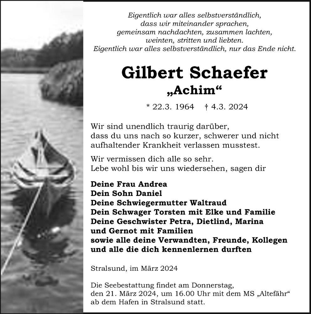  Traueranzeige für Gilbert Schaefer vom 16.03.2024 aus Ostsee-Zeitung GmbH