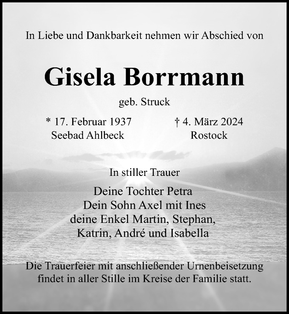  Traueranzeige für Gisela Borrmann vom 16.03.2024 aus Ostsee-Zeitung GmbH