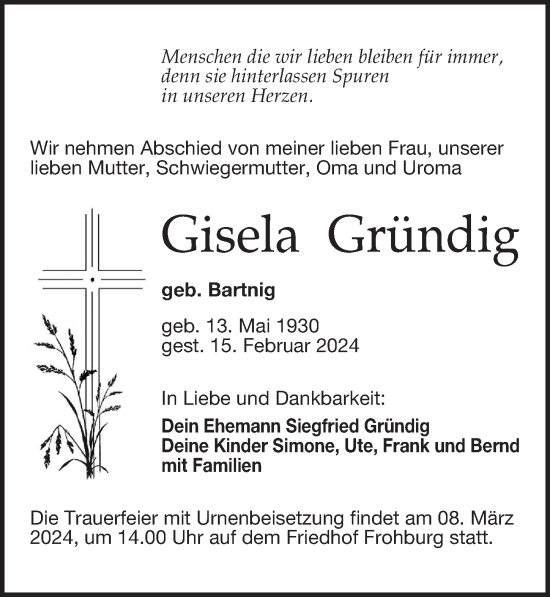 Traueranzeige von Gisela Gründig von Leipziger Volkszeitung