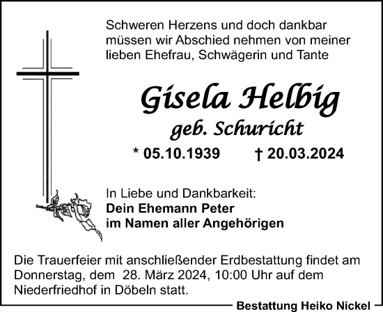 Traueranzeige von Gisela Helbig von Leipziger Volkszeitung