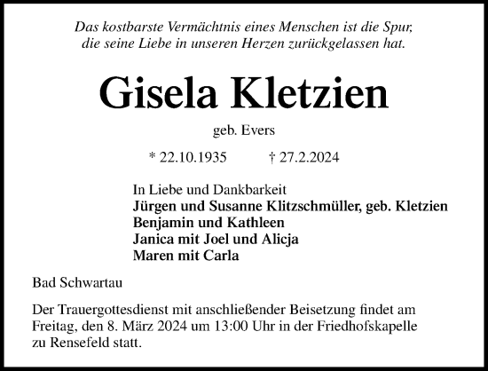 Traueranzeige von Gisela Kletzien von Lübecker Nachrichten