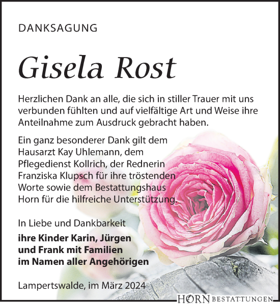 Traueranzeige von Gisela Rost von Leipziger Volkszeitung