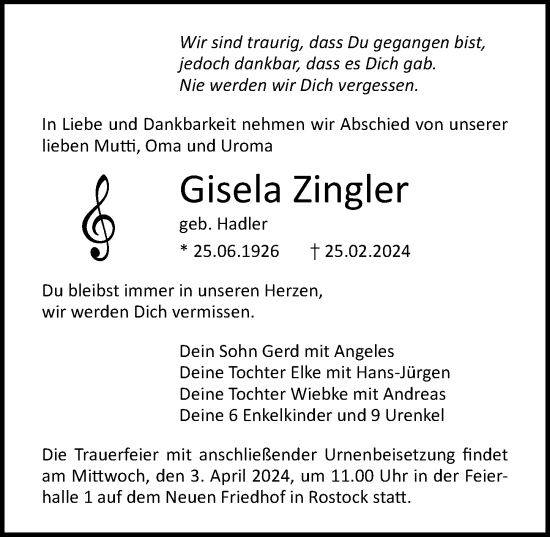 Traueranzeige von Gisela Zingler von Ostsee-Zeitung GmbH