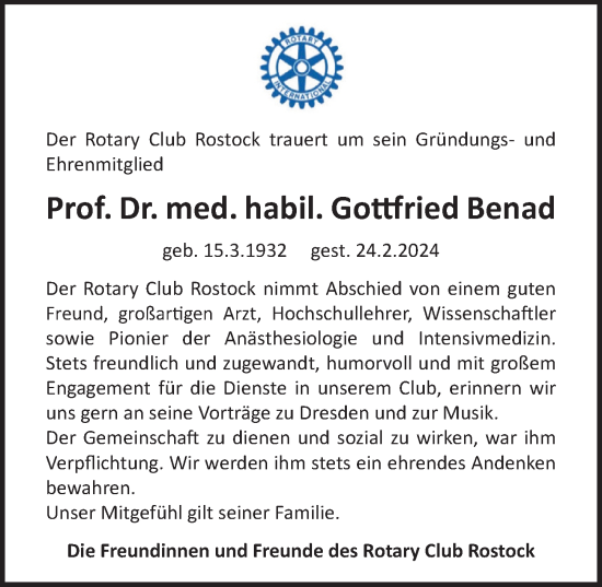 Traueranzeige von Gottfried Benad von Ostsee-Zeitung GmbH