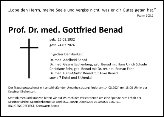 Traueranzeige von Gottfried Benad von Ostsee-Zeitung GmbH