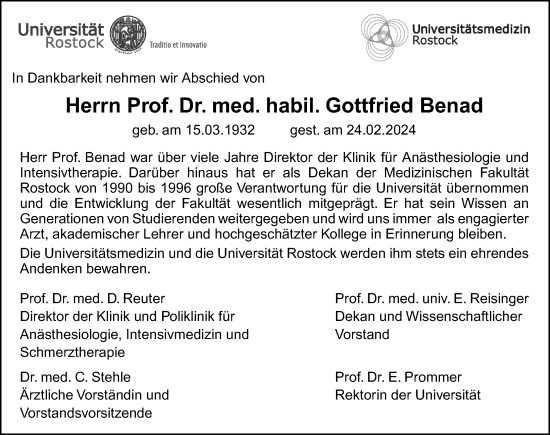 Traueranzeige von Gottfried Benad von Ostsee-Zeitung GmbH