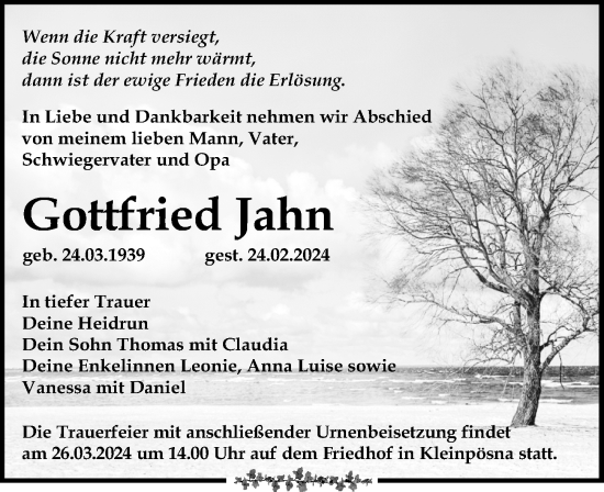 Traueranzeige von Gottfried Jahn von Leipziger Volkszeitung