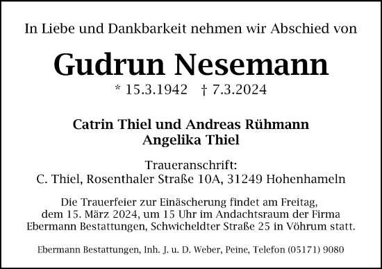 Traueranzeige von Gudrun Nesemann von Peiner Allgemeine Zeitung