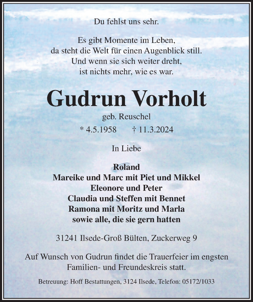  Traueranzeige für Gudrun Vorholt vom 16.03.2024 aus Peiner Allgemeine Zeitung