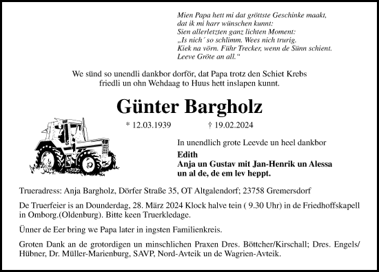Traueranzeige von Günter Bargholz von Lübecker Nachrichten
