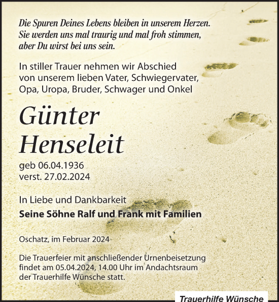 Traueranzeige von Günter Henseleit von Leipziger Volkszeitung