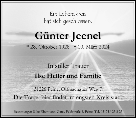 Traueranzeige von Günter Jeenel von Peiner Allgemeine Zeitung