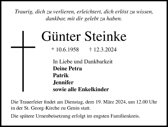 Traueranzeige von Günter Steinke von Lübecker Nachrichten