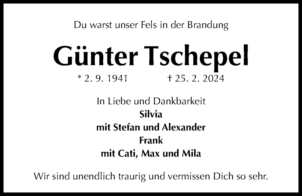  Traueranzeige für Günter Tschepel vom 16.03.2024 aus Kieler Nachrichten