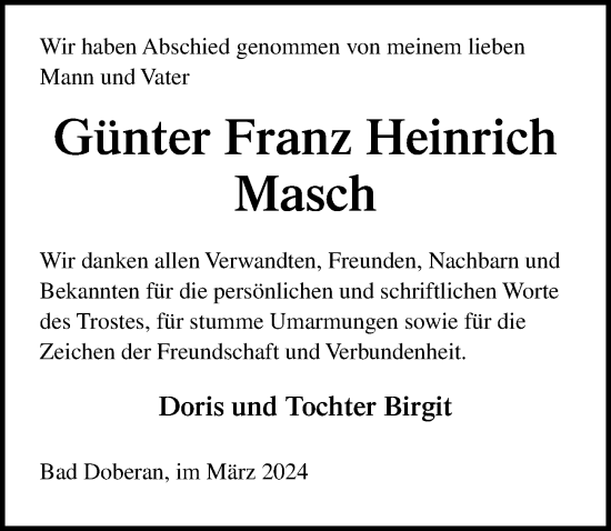 Traueranzeige von Günter Franz Heinrich Masch von Ostsee-Zeitung GmbH