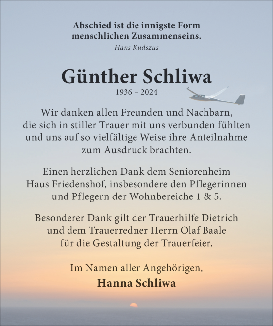Traueranzeige von Günther Schliwa von Ostsee-Zeitung GmbH