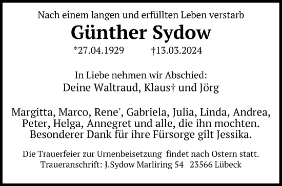 Traueranzeige von Günther Sydow von Lübecker Nachrichten