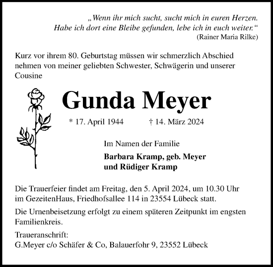 Traueranzeige von Gunda Meyer von Lübecker Nachrichten