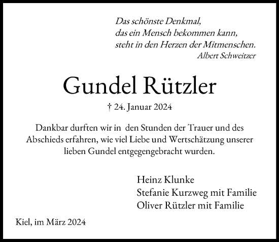 Traueranzeige von Gundel Rützler von Kieler Nachrichten