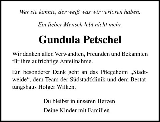 Traueranzeige von Gundula Petschel von Ostsee-Zeitung GmbH