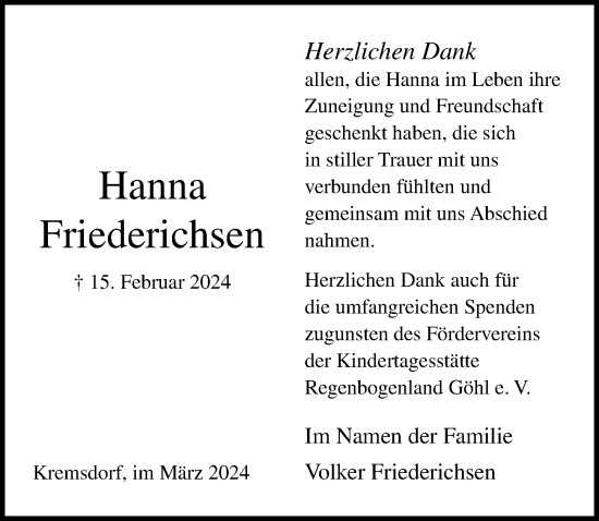 Traueranzeige von Hanna Friederichsen von Lübecker Nachrichten