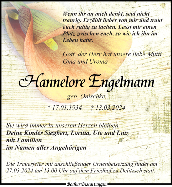 Traueranzeige von Hannelore Engelmann von Leipziger Volkszeitung