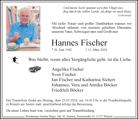 Traueranzeige von Hannes Fischer von Schaumburger Nachrichten und Schaumburger Zeitung/ Landes-Zeitung