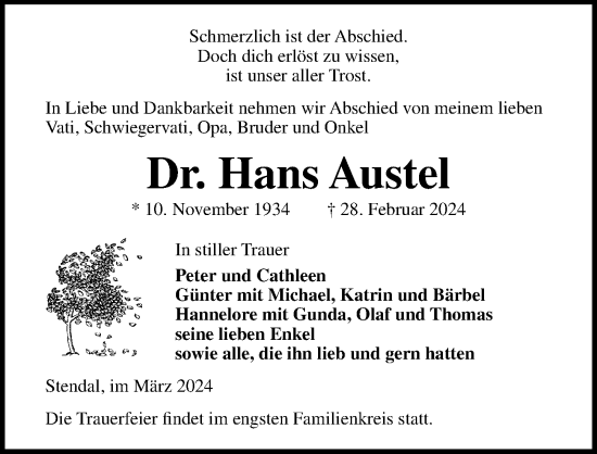 Traueranzeige von Hans Austel von Ostsee-Zeitung GmbH