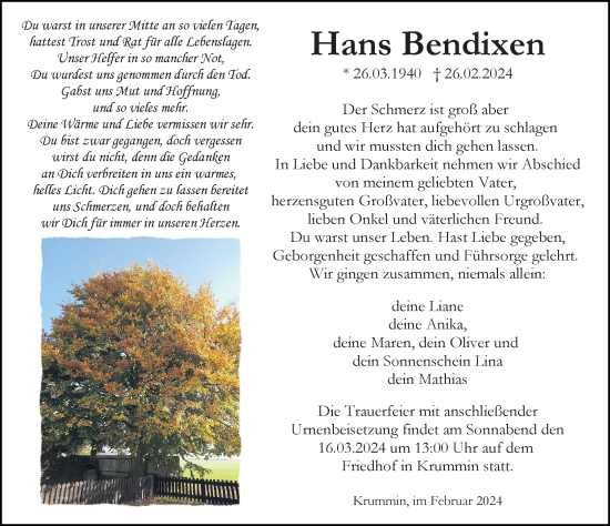 Traueranzeige von Hans Bendixen von Ostsee-Zeitung GmbH