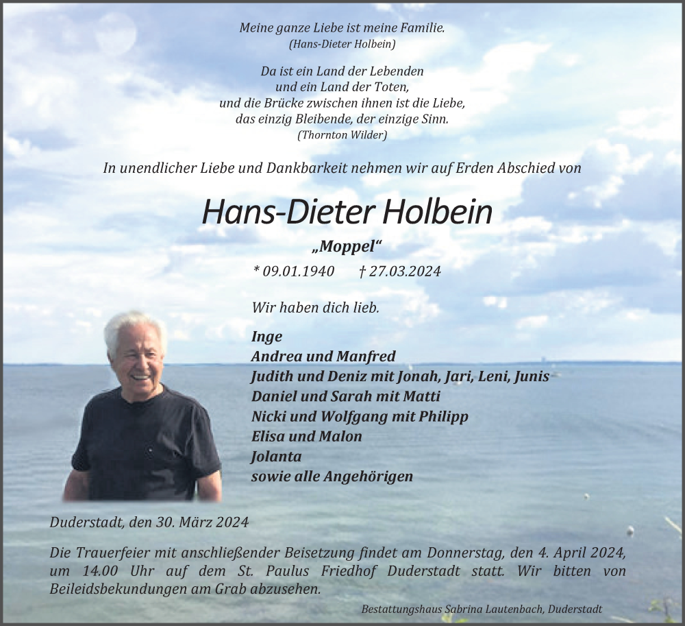  Traueranzeige für Hans-Dieter Holbein vom 30.03.2024 aus Eichsfelder Tageblatt