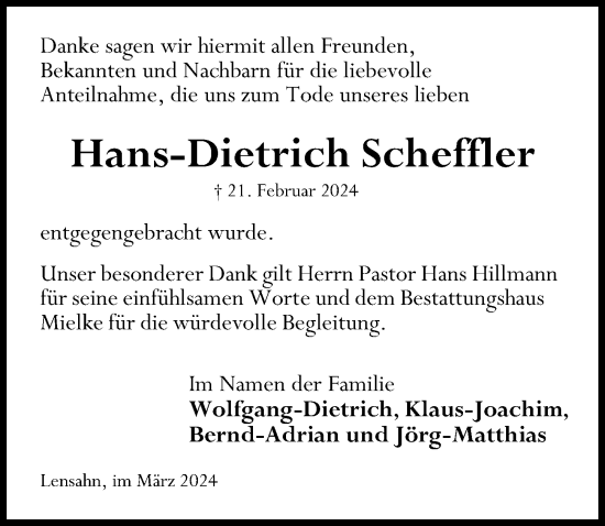 Traueranzeige von Hans-Dietrich Scheffler von Lübecker Nachrichten