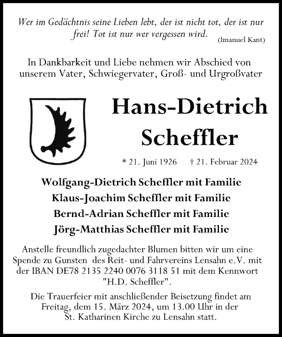 Traueranzeige von Hans-Dietrich Scheffler von Lübecker Nachrichten