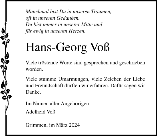 Traueranzeige von Hans-Georg Voß von Ostsee-Zeitung GmbH