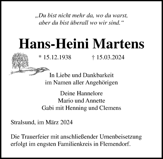 Traueranzeige von Hans-Heini Martens von Ostsee-Zeitung GmbH