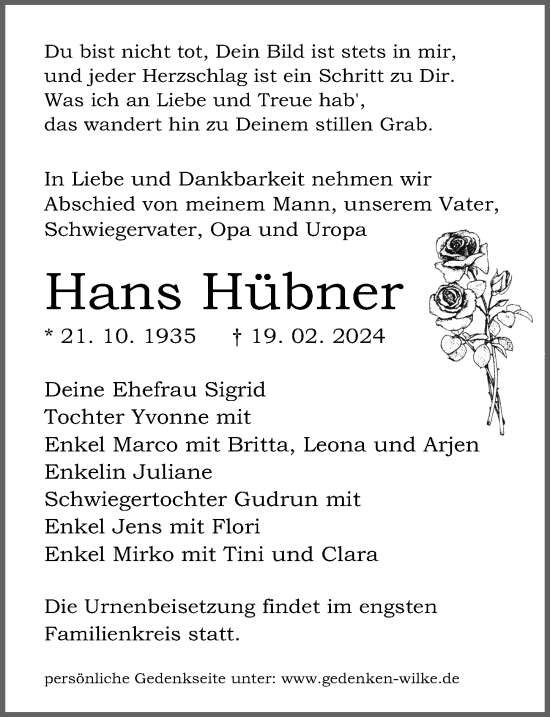 Traueranzeige von Hans Hübner von Märkischen Allgemeine Zeitung