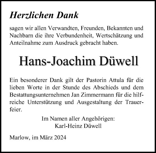 Traueranzeige von Hans-Joachim Düwell von Ostsee-Zeitung GmbH